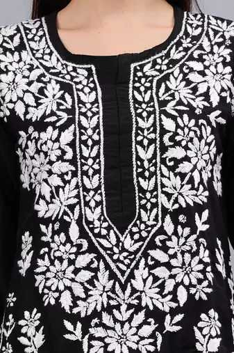 hand embroidered black muslin lucknowi chikan kurta