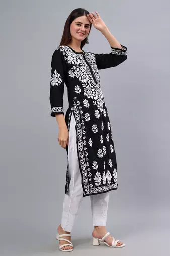 hand embroidered black muslin lucknowi chikan kurta