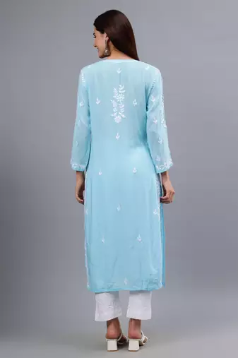 hand embroidered blue modal lucknowi chikan kurta