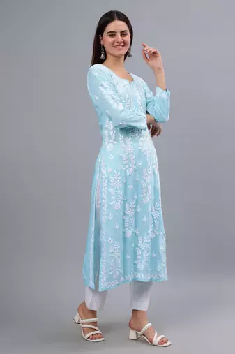hand embroidered blue modal lucknowi chikan kurta