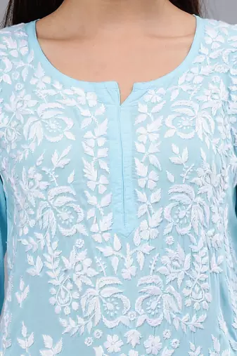 hand embroidered blue modal lucknowi chikan kurta