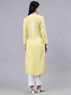 hand embroidered yellow modal lucknowi chikan kurta 2