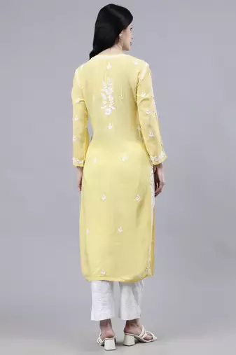 hand embroidered yellow modal lucknowi chikan kurta
