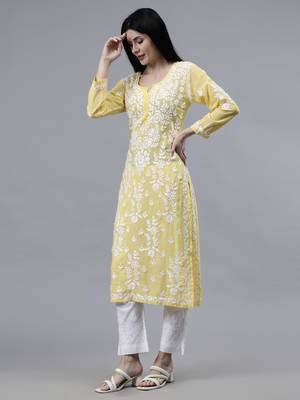 hand embroidered yellow modal lucknowi chikan kurta 3