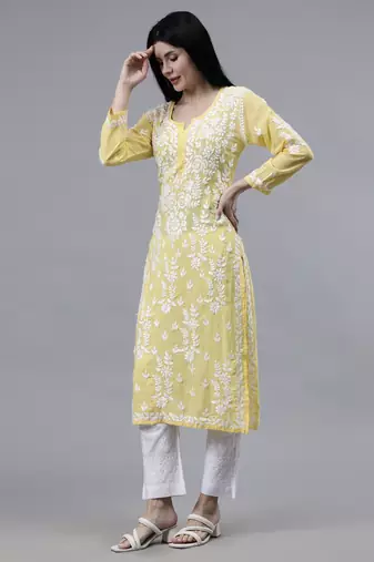 hand embroidered yellow modal lucknowi chikan kurta