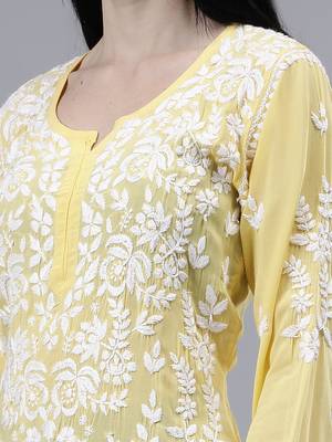 hand embroidered yellow modal lucknowi chikan kurta 4
