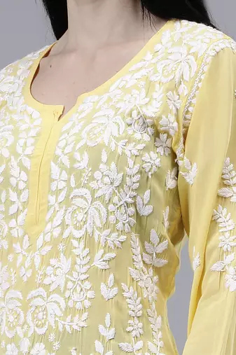 hand embroidered yellow modal lucknowi chikan kurta