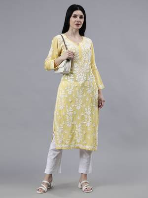 hand embroidered yellow modal lucknowi chikan kurta 1
