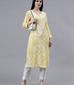 hand embroidered yellow modal lucknowi chikan kurta