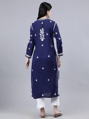 hand embroidered navy blue modal lucknowi chikan kurta 2