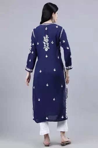 hand embroidered navy blue modal lucknowi chikan kurta