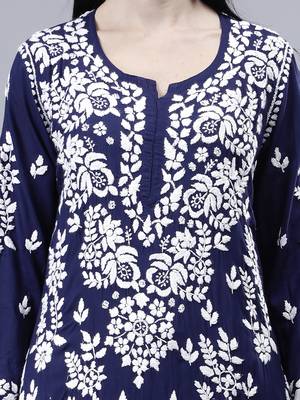 hand embroidered navy blue modal lucknowi chikan kurta 3