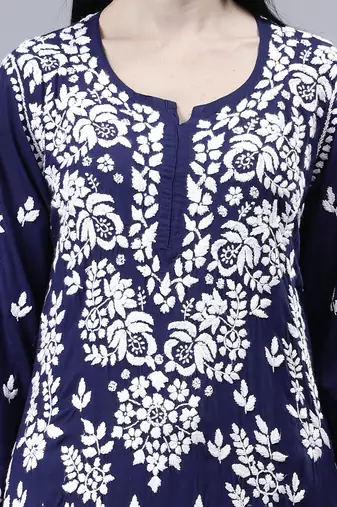hand embroidered navy blue modal lucknowi chikan kurta