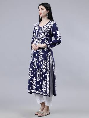 hand embroidered navy blue modal lucknowi chikan kurta 4