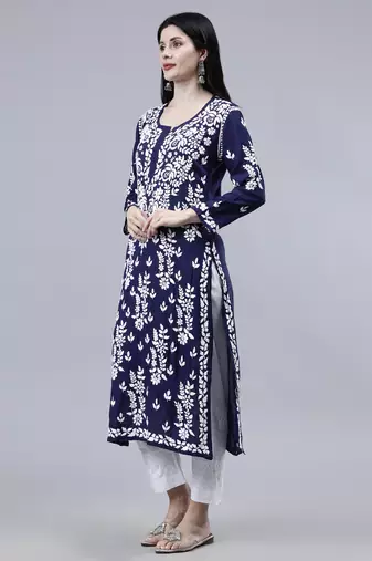 hand embroidered navy blue modal lucknowi chikan kurta