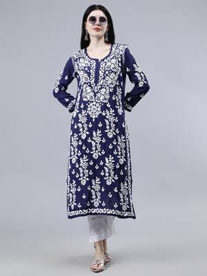 hand embroidered navy blue modal lucknowi chikan kurta 1