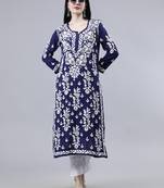 hand embroidered navy blue modal lucknowi chikan kurta