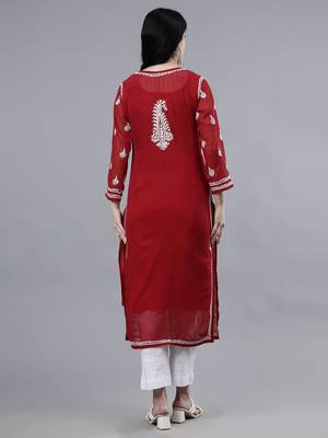hand embroidered maroon georgette lucknowi chikan kurta with slip 2