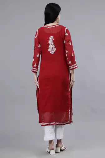 hand embroidered maroon georgette lucknowi chikan kurta with slip