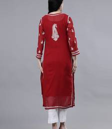hand embroidered maroon georgette lucknowi chikan kurta with slip