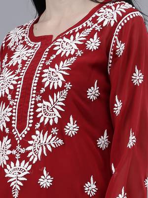 hand embroidered maroon georgette lucknowi chikan kurta with slip 3