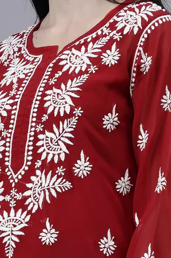 hand embroidered maroon georgette lucknowi chikan kurta with slip