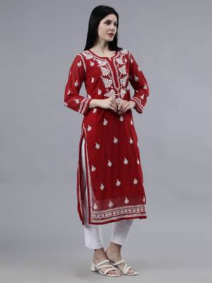 hand embroidered maroon georgette lucknowi chikan kurta with slip 4