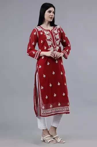 hand embroidered maroon georgette lucknowi chikan kurta with slip