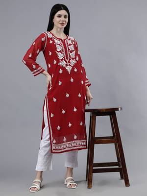 hand embroidered maroon georgette lucknowi chikan kurta with slip 1