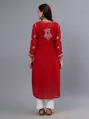 hand embroidered maroon georgette lucknowi chikan kurta with slip 2