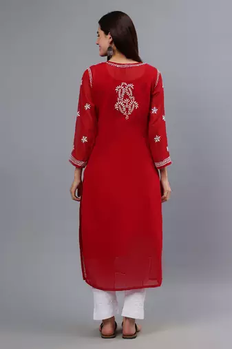 hand embroidered maroon georgette lucknowi chikan kurta with slip