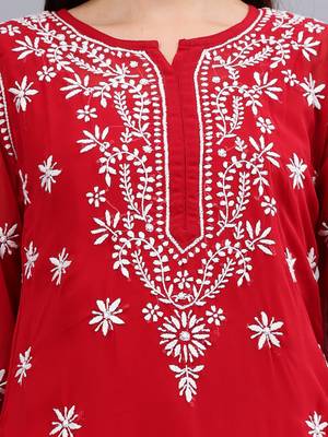 hand embroidered maroon georgette lucknowi chikan kurta with slip 3