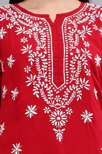 hand embroidered maroon georgette lucknowi chikan kurta with slip