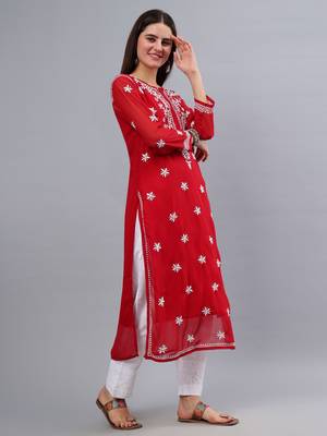 hand embroidered maroon georgette lucknowi chikan kurta with slip 4