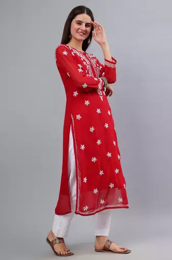 hand embroidered maroon georgette lucknowi chikan kurta with slip
