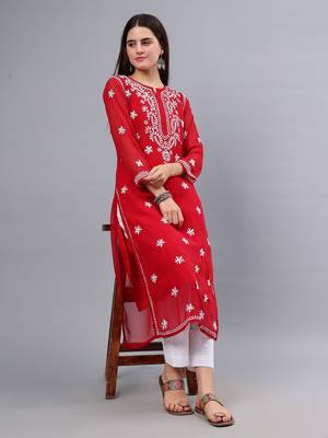 hand embroidered maroon georgette lucknowi chikan kurta with slip 1