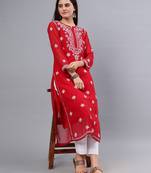 hand embroidered maroon georgette lucknowi chikan kurta with slip