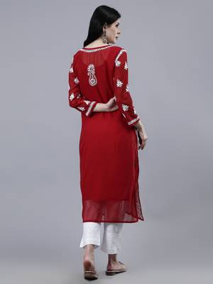 hand embroidered maroon georgette lucknowi chikan kurta with slip 2