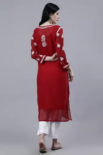 hand embroidered maroon georgette lucknowi chikan kurta with slip