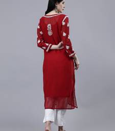 hand embroidered maroon georgette lucknowi chikan kurta with slip