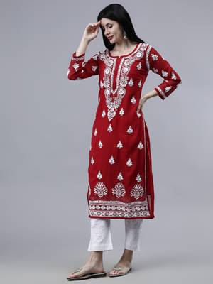 hand embroidered maroon georgette lucknowi chikan kurta with slip 3