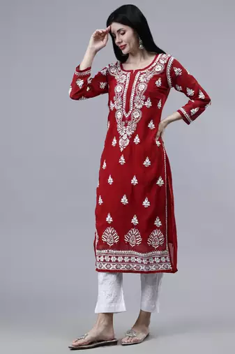 hand embroidered maroon georgette lucknowi chikan kurta with slip