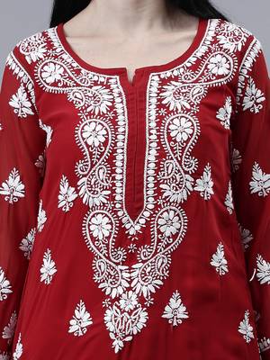 hand embroidered maroon georgette lucknowi chikan kurta with slip 4
