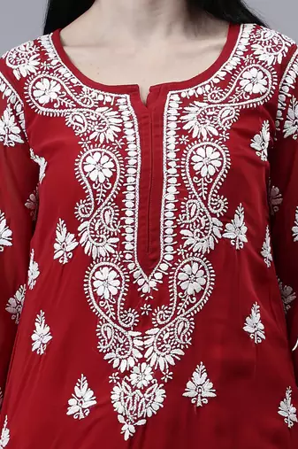 hand embroidered maroon georgette lucknowi chikan kurta with slip