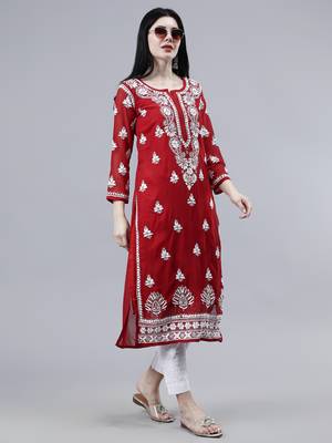 hand embroidered maroon georgette lucknowi chikan kurta with slip 1