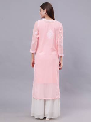 hand embroidered peach georgette lucknowi chikan kurta with slip 2