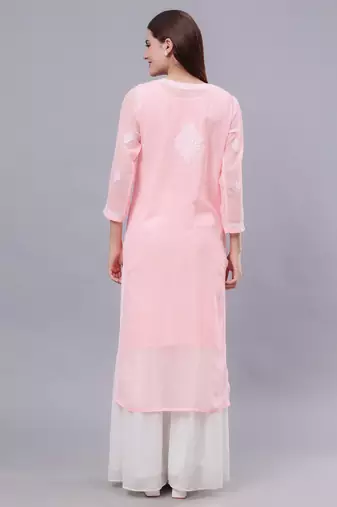 hand embroidered peach georgette lucknowi chikan kurta with slip
