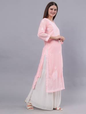 hand embroidered peach georgette lucknowi chikan kurta with slip 3