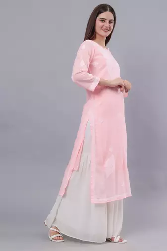 hand embroidered peach georgette lucknowi chikan kurta with slip