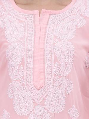 hand embroidered peach georgette lucknowi chikan kurta with slip 4
